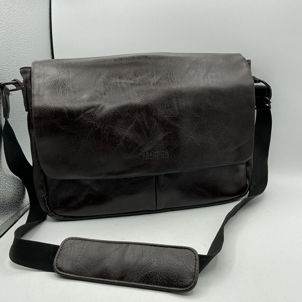Kenneth Cole Reaction Brown Faux Leather Messenger Laptop Shoulder Bag Y2K